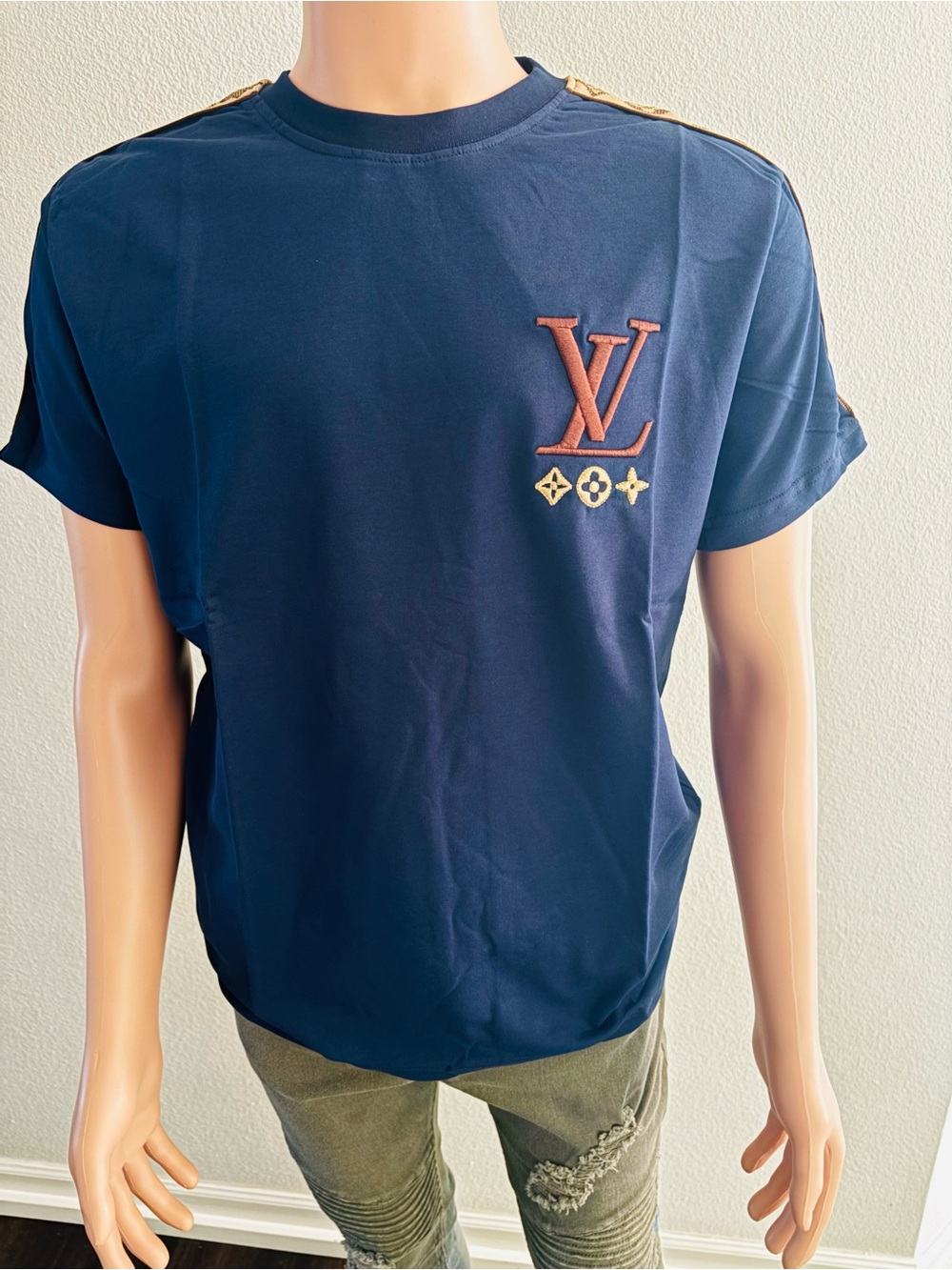 Louis Vuitton Navy Crewneck T-Shirt with Embroidered LV Patch